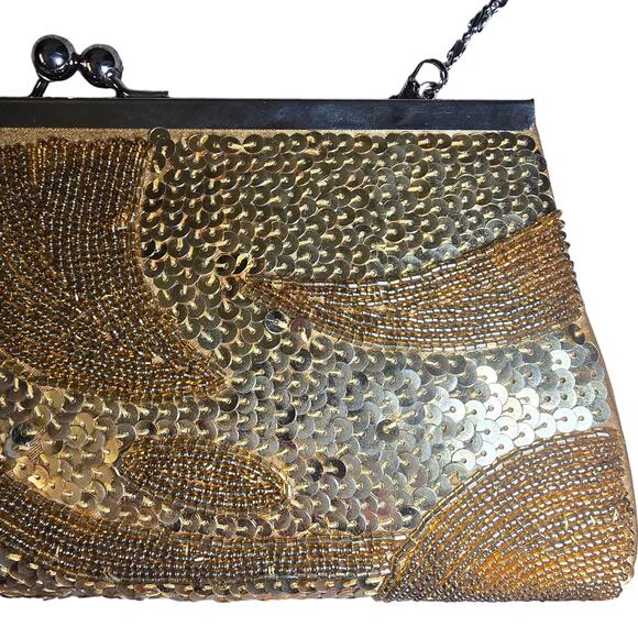 Mandarini Gold Sequin Evening Clutch with Removable Crossbody Strap & Mirror - Picture 2 of 4